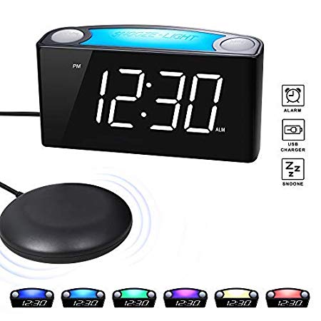 ROCAM Vibrating Loud Alarm Clock with Bed Shaker, Best Sounds, Large LED Display with Dimmer, 7 Colored Night Light, Dual USB Charging Ports for Heavy Sleepers, Hearing Impaired, Deaf People, Seniors