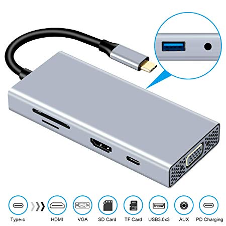 USB C to HDMI VGA USB3.0 Adapter,USB Type C Hub with HDMI 4K VGA 3 USB3.0 Audio PD Charging Port and TF/SD Card Slots,Compatible with Samsung DeX for Galaxy S10/S9/S8/Note 9/8,MacBook/MacBook Pro