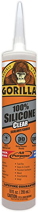 Gorilla Clear 100 Percent Silicone Sealant Caulk, Waterproof and Mold & Mildew Resistant, 10 ounce Cartridge, Clear, (Pack of 1)