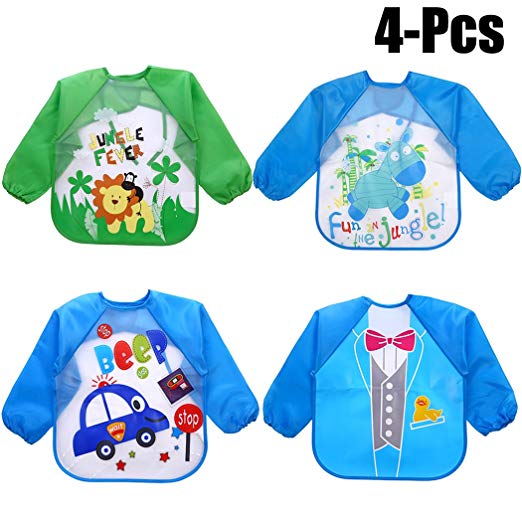 Aniwon 1-5 Years Old 4Pcs Infant Toddler Baby Bibs with Sleeves Waterproof Bibs Long Sleeved Bibs