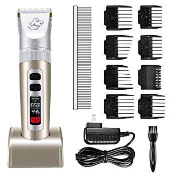 Pet Clippers, TOPELEK Low Noise Dog Clippers Rechargeable Cordless Electric Dog Cat Shaver, Professional Dog Grooming Clippers with LED Display, 8 Comb Guides, 1 Comb,1 Brush for Most Animals