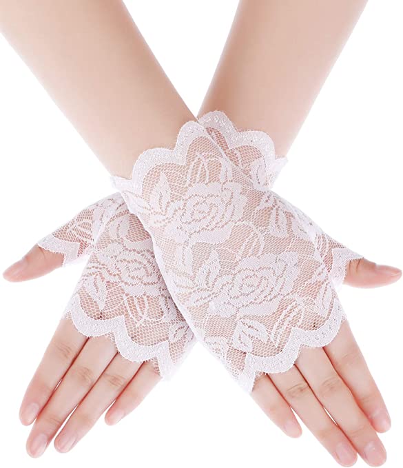 Short Lace Floral Gloves Sunblock Fingerless Bridal Gloves for Women