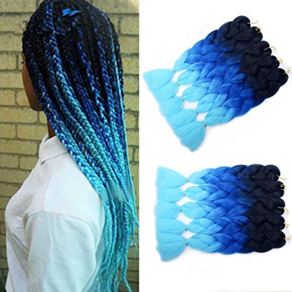 MSHAIR Ombre Jumbo Braiding Hair Extension Synthetic Kanekalon Fiber for Twist Braiding Hair Black/Blue/Light Blue Color 24 Inch 5 Pieces/lot