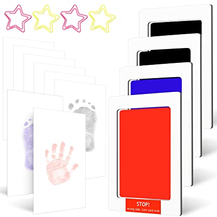 16 Pieces Large Size Baby Inkless Handprint and Footprint Kit Including 4 Clean Touch Ink Pads 8 Imprint Cards and 4 Star Shaped Paper Clips Inkless Infant Hand and Foot Stamp for Newborn Registry