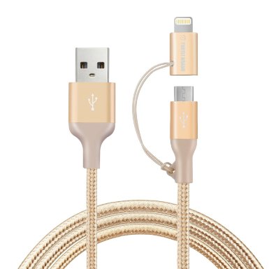 Turtle Brand Apple MFi Certified 2 in 1 Dual Connector Lightning to Micro USB Tangle-Free Charge/Sync Data Cable Cord for iPhone, iPad, iPod, Samsung - Gold
