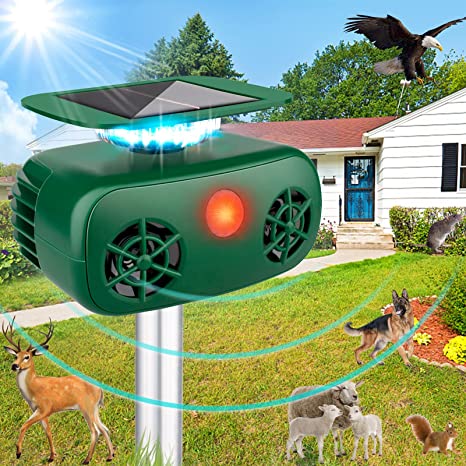 Ultrasonic Animal Repellent Outdoor ,Solar Outdoor Animal Repeller,Animal Deterrent Devices Outdoor,5 Modes to Repel Dog,Cat,Squirrel, Raccoon,Rabbit, Fox,Bird,Mice with Led Flash Lights & Alarm