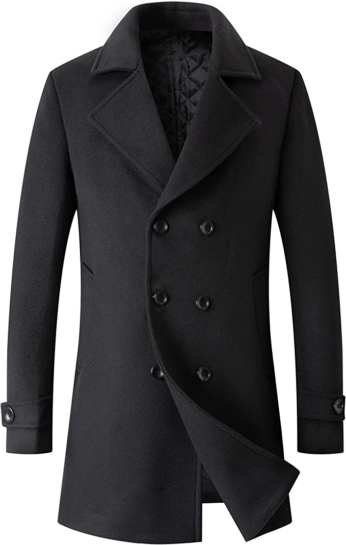 PRIJOUHE Mens Woolen Trench Coat Pea Coat Double Breasted Regular Fit Wool Blend coat Business Overcoat