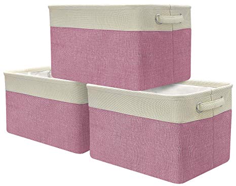 Sorbus Storage Large Basket Set [3-Pack] - Big Rectangular Fabric Collapsible Organizer Bin with Carry Handles for Linens, Towels, Toys, Clothes, Kids Room, Nursery (Cream White Trim - Pink)