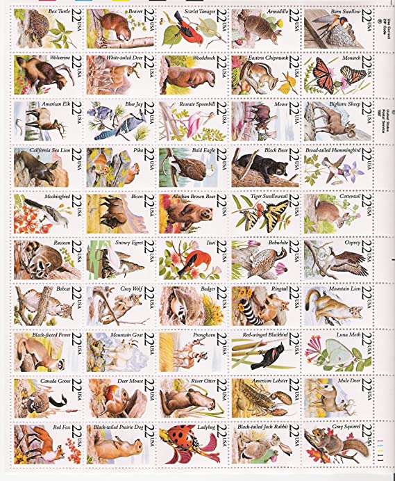 North American Wildlife Complete Sheet of 50 x 22 Cents Stamps 2286-2335 by USPS