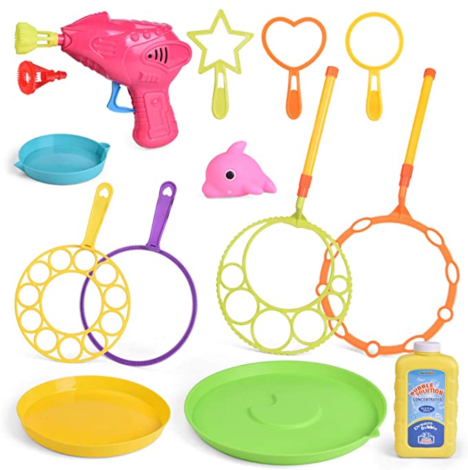 14 Piece Bubble Toys Set for Kids, Bubbles Wands, Bubble Solution, Bubble Gun with Tray, Bubble Party Favors Kids Outdoor Toys for Summer Activities