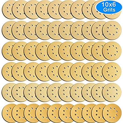 AUSTOR 60 Pieces Gold Sanding Discs, 5 Inch 8 Holes Dustless Hook and Loop 60/ 80/ 120/ 150/ 220/ 400 Grit Sandpaper Assortment for Random Orbital Sander