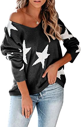 Modershe Womens Off The Shoulder Star Sweater V Neck Casual Long Sleeve Pullover Blouses Tunic Tops