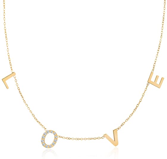 Moronly Love Letter Necklace for Women CZ Love Script Necklace 14K Gold Plated Charm Jewelry Choker Necklace Hypoallergenic