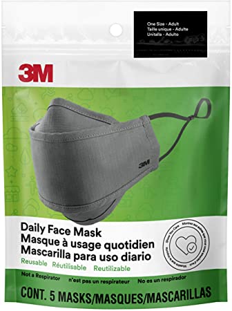 3M (MCOE7) Daily Face Mask, Reusable, Washable, Adjustable Ear Loops, Lightweight Cotton Fabric, 5 Pack