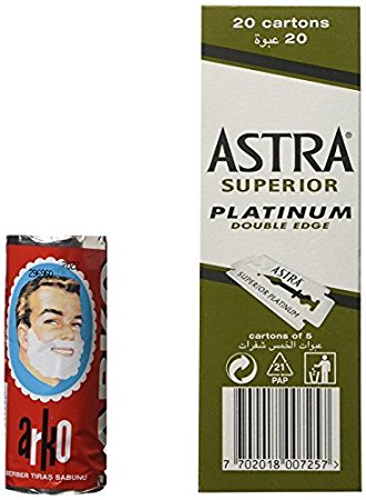 100 Astra Superior Platinum Double Edge Safety Razor Blades and Arko Shaving Cream Soap Stick