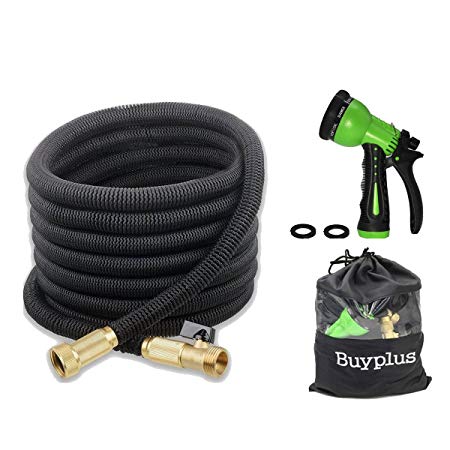 Buyplus Improved 50 ft Expandable Garden Water Hose with 8 Pattern Spray Nozzle, on/off Brass Valve, and Storage Sack by (50FT, Black)