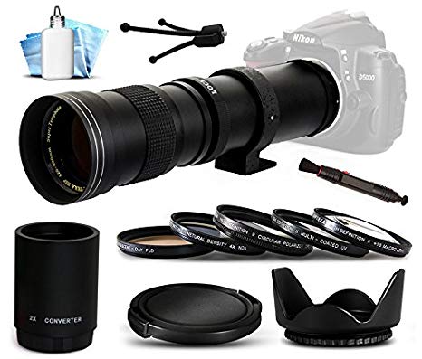 Opteka 420-1600mm f/8.3 HD Telephoto Zoom Lens Bundle Package includes 2X Teleconverter   5 Piece UV-CPL-FL-Macro 10x-ND4 Filters   Tulip Hood   Cap Keeper   Air Dust Blower   Lens Pen   Cleaning Kit for Canon EOS 6D, 7D, 60D, 60Da, 70D, 100D, 550D, 600D, 650D, 700D, 1100D, 1200D, 5D Mark II III 2 3 5DM2 5DM3, 1D Mark 3 4 III IV 1Dx 1D X, Rebel SL1, T2i, T3, T3i, T4i, T5, T5i, Kiss X4, X5, X6i, X7i, X50, X70 DSLR SLR Digital Camera