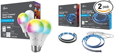 GE CYNC Smart LED Light Bulbs   Smart Light Strip Bundle, Full Color, (2) A19 Bulbs (1) 80in Light Strip (1) Light Strip Extension, Compatible with Alexa and Google Home (4 Pack)