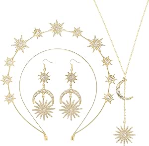 Jmkcoz Halo Crown Moon Stars Goddess Crown Halo Headband Tiaras and Crowns Star and Moon Necklaces Earrings Headpiece for Women Boho Bridal Wedding (Gold)
