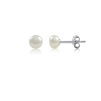 Freshwater Cultured White Pearl Button Rhodium Plated 925 Sterling Silver Stud Earrings