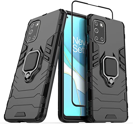 Nuomaofly for Oneplus 8T Case, OnePlus 8T  5G Case with Screen Protector, Soft TPU and Hard PC with Metal Ring Rotatable Kickstand Shockproof Case for Oneplus 8T Plus - Black