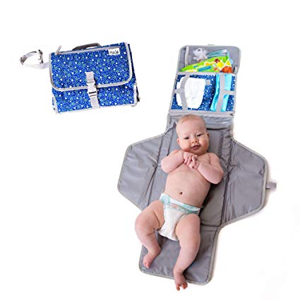 Baby Portable Changing Pad | Lightweight Travel Diaper Station Kit with Waterproof and Cushioned Pad | Foldable with Pockets | Changing Organizer Bag for Toddlers Infants & Newborns | Blue