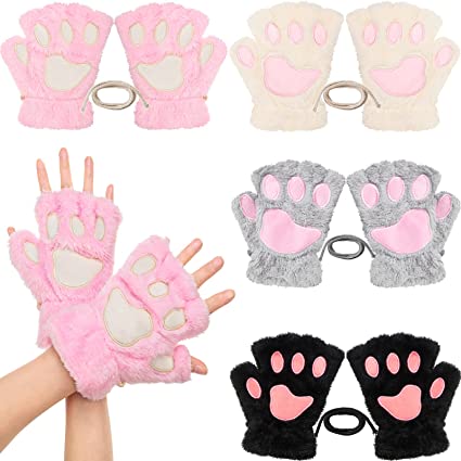 4 Pairs Cat Paw Gloves Fingerless Gloves Mittens Half Finger Paw Gloves Winter Plush Gloves for Kids Adult Cosplay