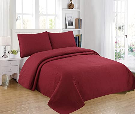 Sapphire Home 3-Piece King/Cal-King Oversize Bedspread Coverlet Bedding Set w/2 Shams, Soft Touch, Solid, Stylish Embossed Pattern, All-Season Oversize Comforter Bed Cover, Emma King Burgundy
