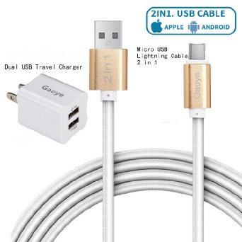 iPhone Charger, Dual USB Charger, Micro USB Cable, Gaoye Metal 2 in 1 Lightning Cable (6.6ft) 2 Meters [Apple MFi Certified] 8 Pin High Speed for iPhone iPad Samsung HTC LG Huawei Android Phones