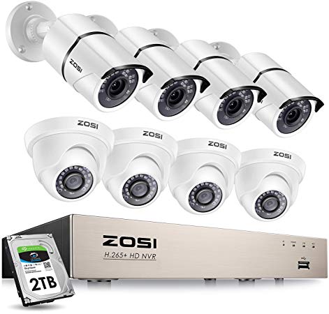 ZOSI 8CH PoE Video Surveillance System,H.265  5MP 8 Channel NVR Security System with 2TB HDD,8pcs 1080P Wired PoE Bullet Dome IP Cameras Outdoor Indoor with 100ft Long Night Vision for 7/24 Recording