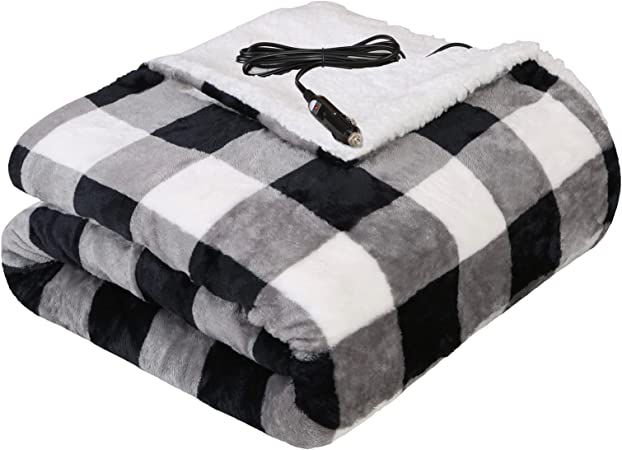 Westinghouse Heated Car Blanket, 12-Volt Electric Blanket for Car, Truck, SUV, RV, Portable Heated Throw for Camping, Grey Buffalo Plaid, 59" x 43”