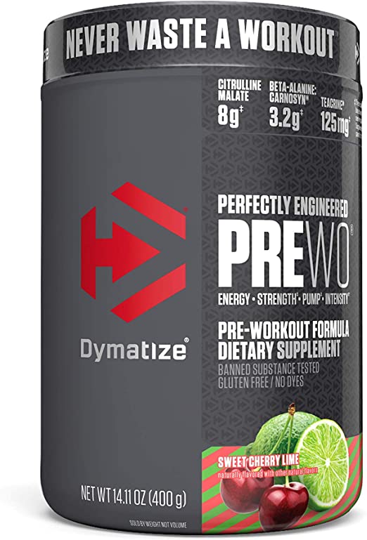 Dymatize PreW.O, Pre Workout Powder with Caffeine, Maximize Energy, Strength & Endurance, Amplify Intensity of Workouts, Sweet Cherry Lime, 400g