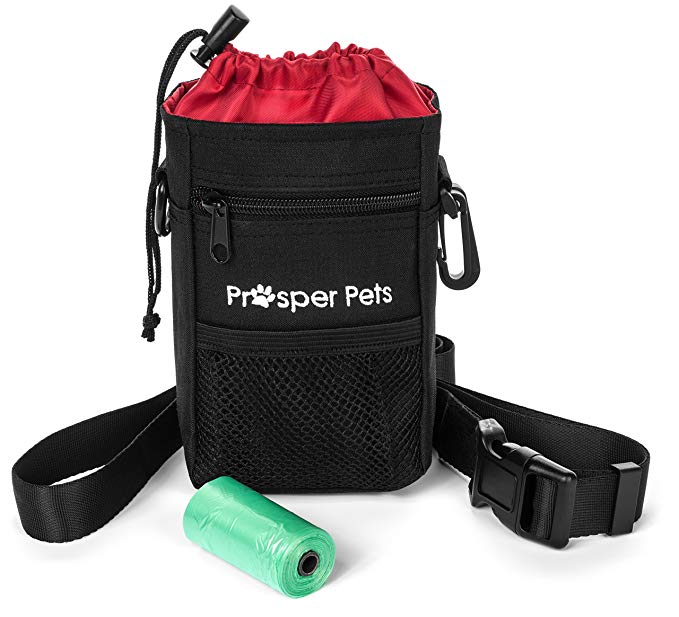 Prosper Pets Dog Treat Pouch with Poop Bag Dispenser - Ideal for Carrying Treats and Toys – Adjustable Waist Belt 23-50” Includes Roll of Waste Bags (Black with Red Lining)