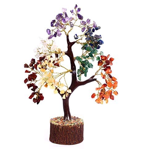 Crocon Natural Healing Gemstone Crystal Bonsai Fortune Money Tree for Good Luck, Wealth & Prosperity Spiritual Gift Size 10-12 Inch (Seven Chakra (Golden Wire))