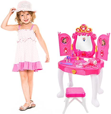 Ylovetoys Pretend Makeup Table for Kids, Fantasy Vanity Beauty Dresser Toy with Magic Mirror, Flashing Lights, Hair Dryer, Music, Toddler Fashion Princess Dressing Up Toy Set, for Girls 3-5 Years Old