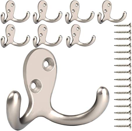 8 Pack Heavy Duty Double Prong Coat Hooks Wall Mounted with 20 Screws Retro Double Robe Hooks Utility Hooks for Coat, Scarf, Bag, Towel, Key, Cap, Cup, Hat (Silvery)