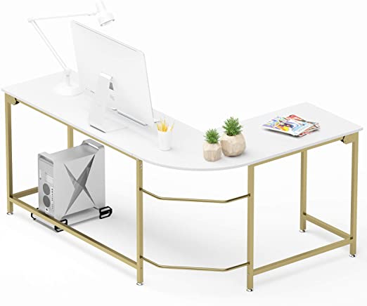 Hago Modern L-Shaped Desk Corner Computer Desk Home Office Study Workstation Wood & Steel PC Laptop Gaming Table (Large, White Gold Frame)