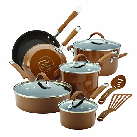 Rachael Ray Cucina Hard Porcelain Enamel Nonstick Cookware Set, 12-Piece, Mushroom Brown