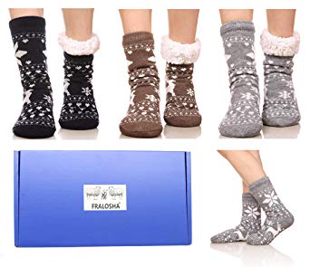 FRALOSHA Reindeer Home floor Socks Home Slipper Women's Winter Warm Fuzzy Anti-Skid Lined Indoor Floor Slipper Socks 3 Pairs