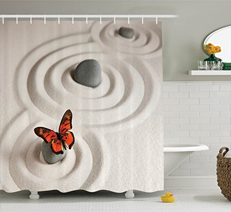 Butterflies Decor Shower Curtain by Ambesonne, Zen Rock on the Sand Butterfly Serenity Life Cycle Nature Meditation Decor, Fabric Bathroom Set with Hooks, 69W X 70L Inches Long, Beige and Orange