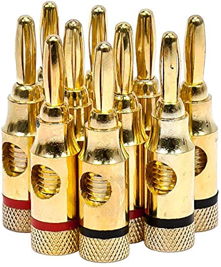 Monoprice 109437 5PRJX74047 Gold Plated Speaker Banana Plugs – 5 Pairs – Open Screw Type, For Speaker Wire, Home Theater, Wall Plates And More