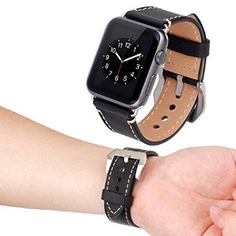 Apple Watch Band Tirnga Iwatch Genuine Leather Crazy Horse Handmade Vintage Replacement Watchband Straps Wrist Band with Classic Metal Clasp Buckle and Connectors and Sport and Edition 42mm Black