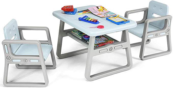 Costzon Kids Table and 2 Chair Set, Children Table Furniture with Storage Rack for Toddlers Reading, Learning, Dining, Playroom, Desk Chair for 1 to 3 Years, Activity Table Desk Sets (Blue)