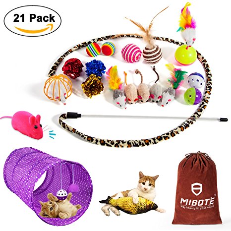 MIBOTE Cat Toys Variety Pack for Kitten, Cat Tunnel Catnip Fish Interactive Feather Teaser Wand Toy Fluffy Mouse, Crinkle Balls Bells for Cat, Puppy, Kitty - 21 PCS