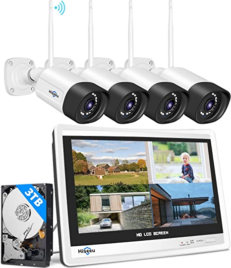 【3MP 3To Disque Dur】Hiseeu Kit Caméra de Surveillance WiFi Extérieure sans Fil,Moniteur 12" 8CH NVR Kit Vidéo Surveillance,4X3MP WiFi Caméra,Détection de Mouvement,Vision Nocturne avec audio 2 Voies