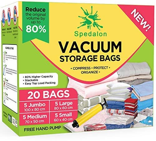 Vacuum Storage Bags - Pack of 20 (5 Jumbo   5 Large   5 Medium   5 Small) ReUsable with free Hand Pump for travel packing | Best Sealer Bags for Clothes, Duvets, Bedding, Pillows, Blankets, Curtains