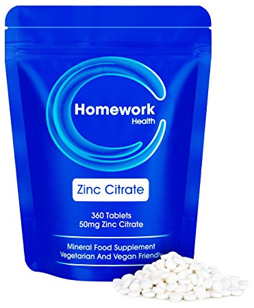 Zinc Citrate (360 x 50mg Zinc Tablets) – Healthy Zinc Supplement to Boost your Skin, Immune System & More - Vegan & Vegetarian Safe, For Men & Women