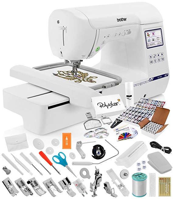 Brother SE1900 Sewing Embroidery Machine   Grand Slam Package Includes 64 Embroidery Threads   Prewound Bobbins   Cap Hoop   Sock Hoop   Stabilizer   15,000 Designs   Scissors