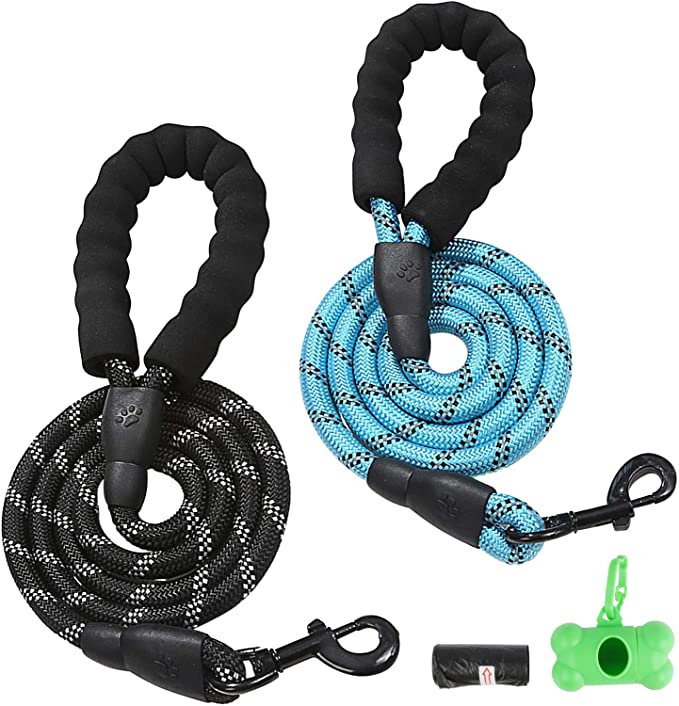 2 Pack Dog Leash (5 FT*0.5inch)  a Garbage Bag and a Poop Bag Holder, Heavy Duty Rope Dog Leash with Comfortable Padded Handle Durable Reflective Threads for Medium Large Dogs (Black Blue)