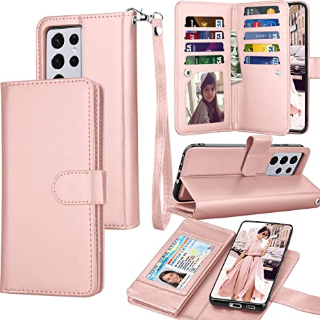 Tekcoo Wallet Case for Galaxy S21, Luxury PU Leather ID Cash Credit Card Slots Holder Carrying Folio Flip Cover [Detachable Magnetic Hard Case] Kickstand for Samsung Galaxy S21 [Rose Gold]
